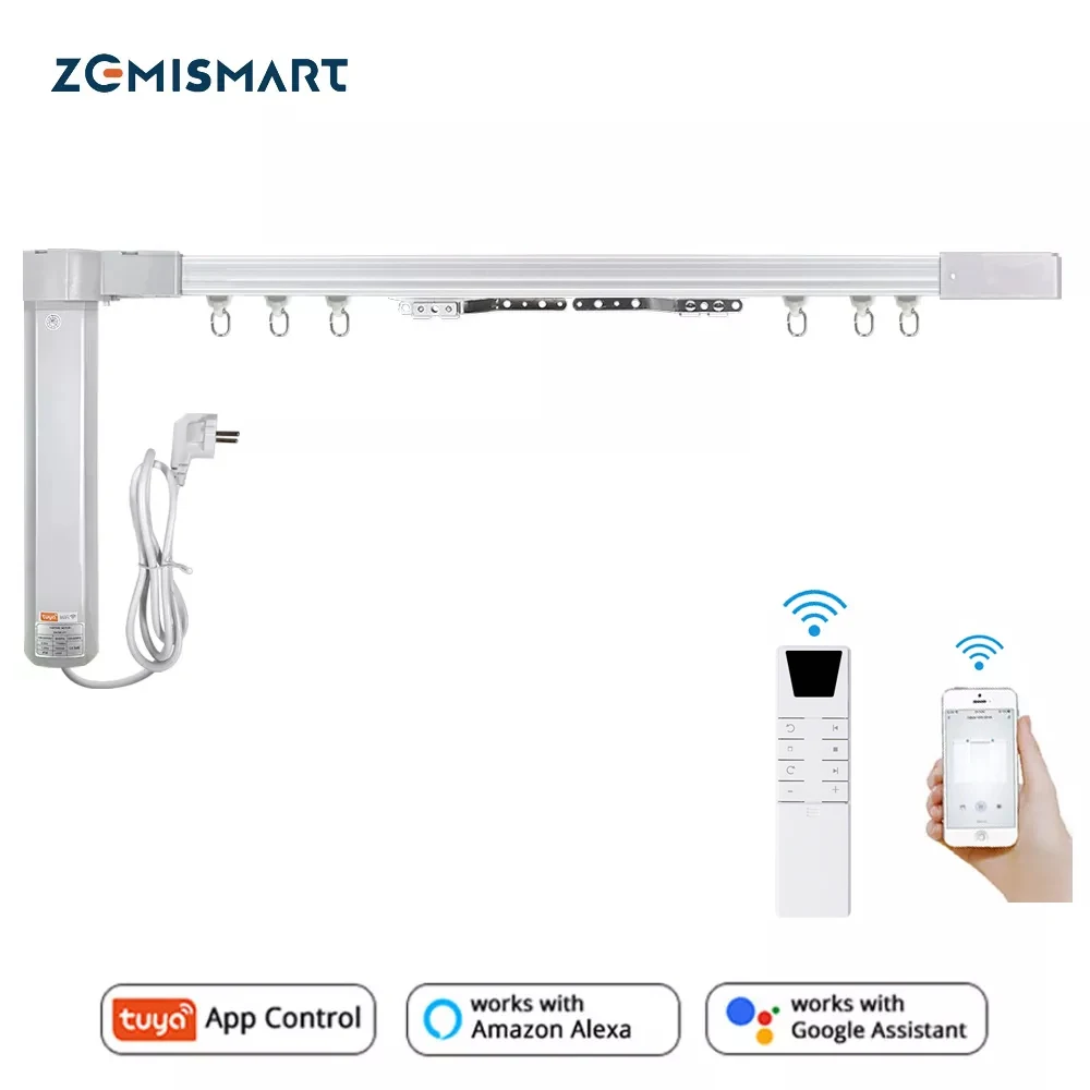 Zemismart New Design WiFi Curtain Motor Tuya Smart Life Customized Electric Curtains Track with RF Remote Alexa Echo Control