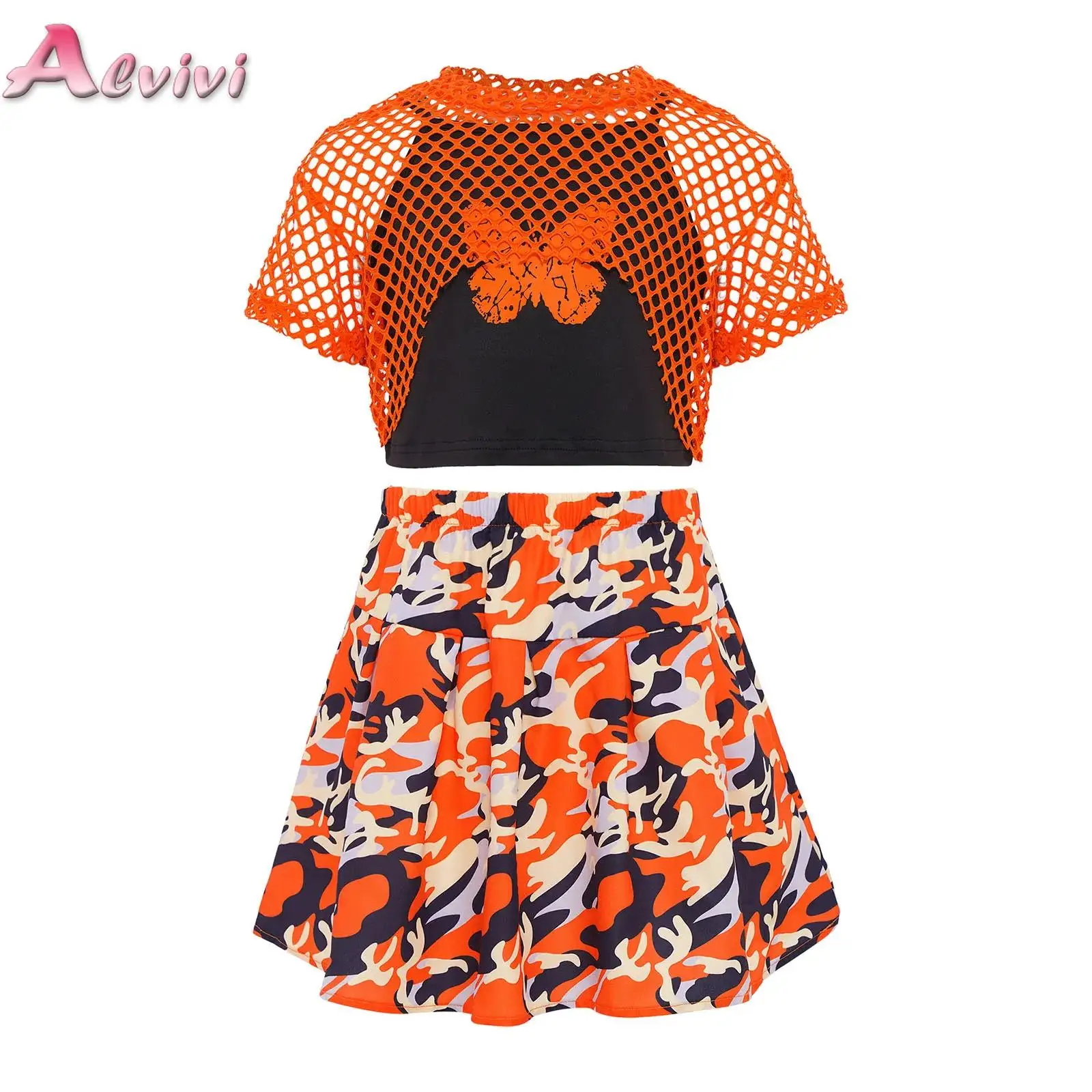 

Kids Girls 3-Piece Fashion Outfit Short Sleeve Hem Hollow Out Mesh Top with Butterfly Printed Vest and Camouflage Pleated Skirt