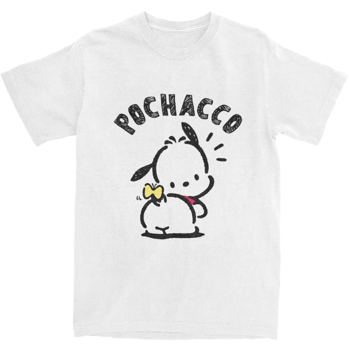 Men's Sanrio Pochacco Backside Logo T-Shirts Pure Cotton Tops Streetwear Short Sleeve T-Shirt O Neck Trending Casual Tee Shirt