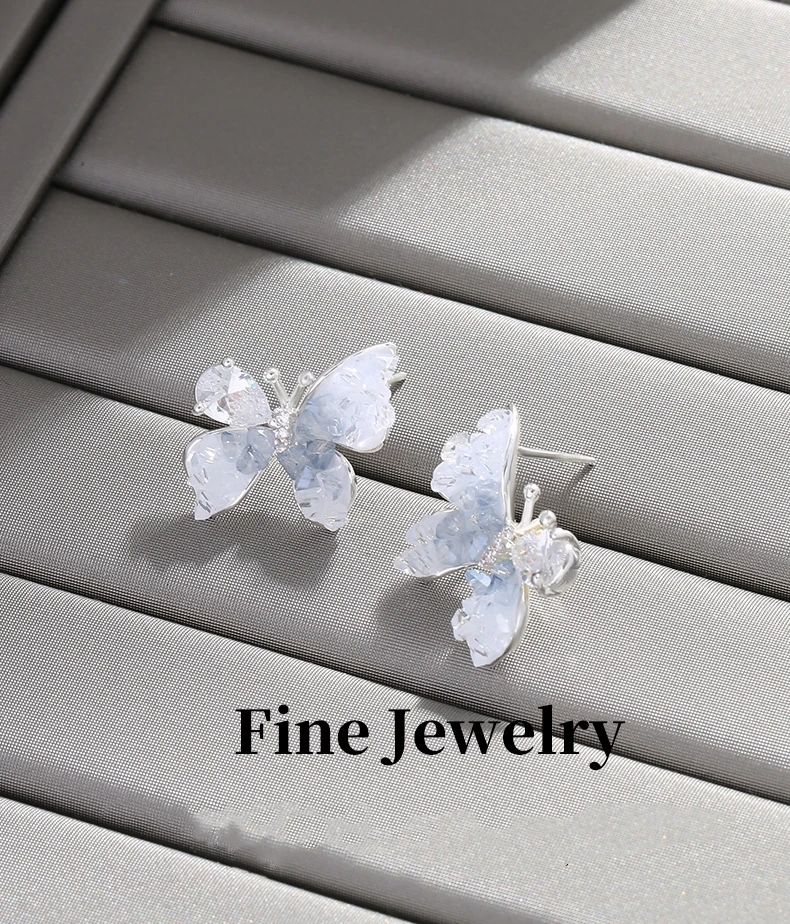Hypoallergenic Silver Tone Light Blue Butterfly Earrings for Women Dainty Sparkly Crystal Stud Earrings Fashion Jewelry