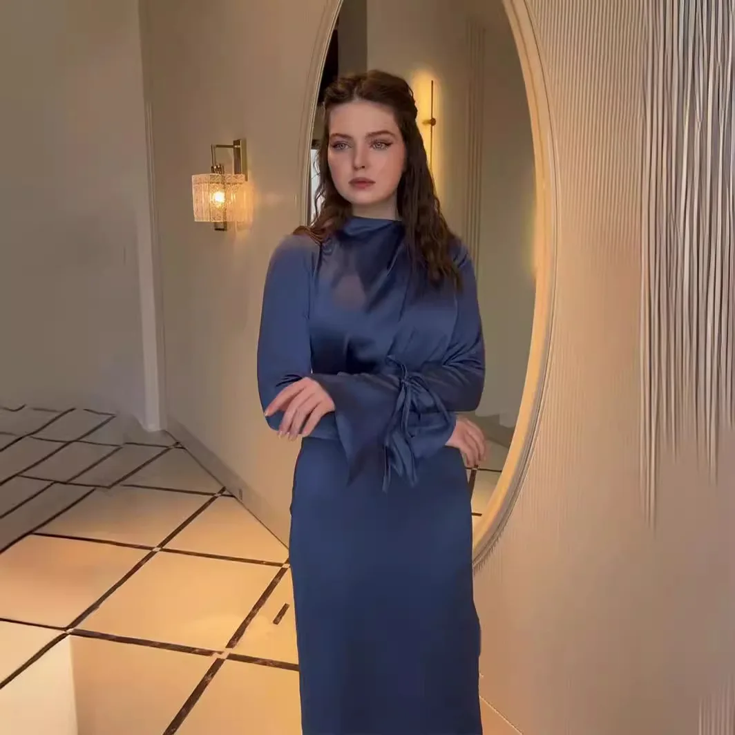 2024 New Sle Slim Fit Long Sve Satin Dr with  Knot Cross-Border Commute Wind mid Waist Irregular Skirt