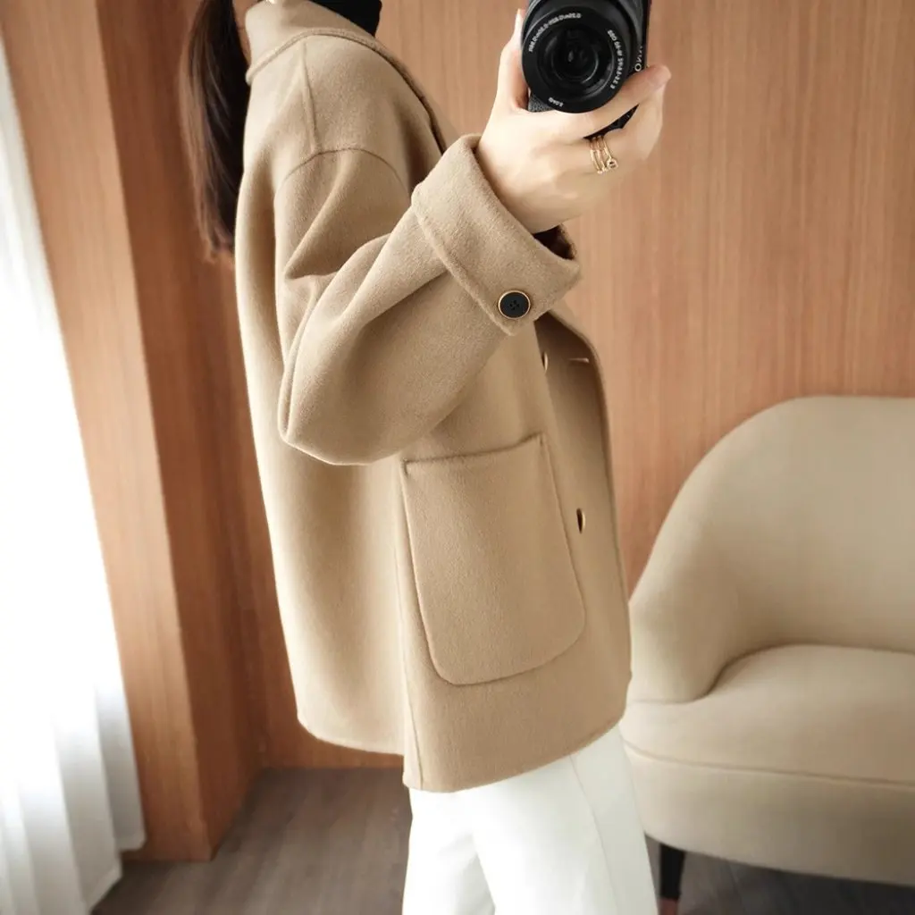 

Women's Double-Breasted Tweed Coat High Quality 100% Wool Medium Fit Autumn Winter New Suit Double-Sided Fabric