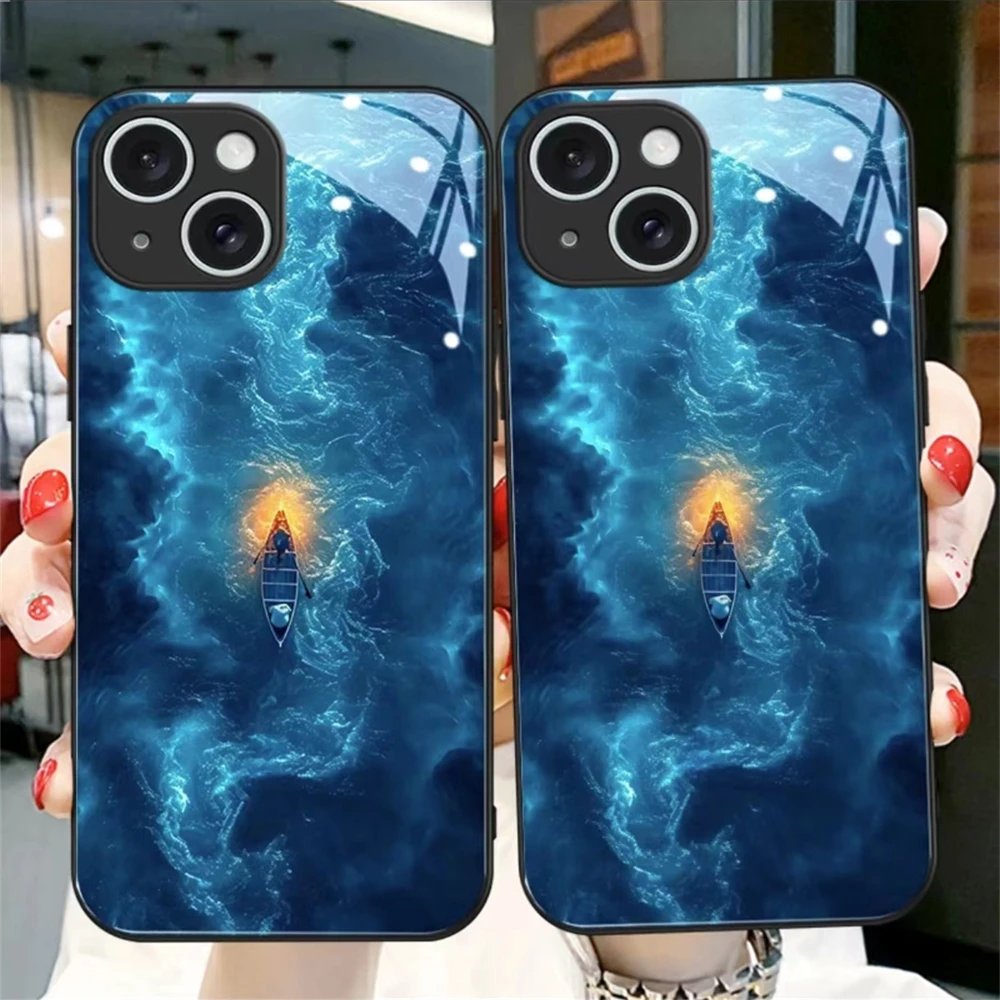 Blue Ocean Solitary Boat LED Light Glow Luminous Phone Case For Samsung S24 S23 S22 S21 S20 FE Note 10 20 Plus Ultra A54 A14 A53