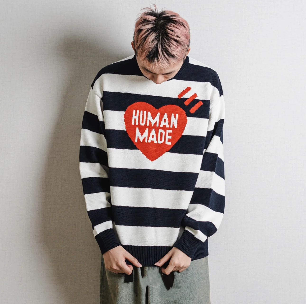 Human Made striped heart-shaped letter sweater knitted sweater loose fitting mens and womens casual wear round neck warm sweater