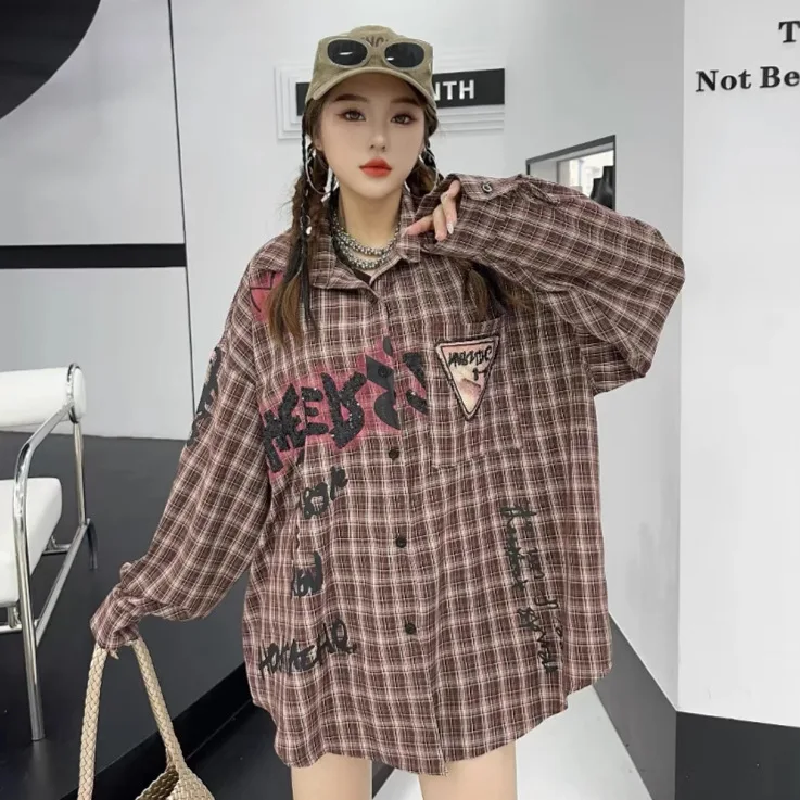 European Station Trendy Women's Clothing 2025 Spring Summer New Vintage Plaid Mid-Length Letter Cartoon Loose Long Sleeve Shirt