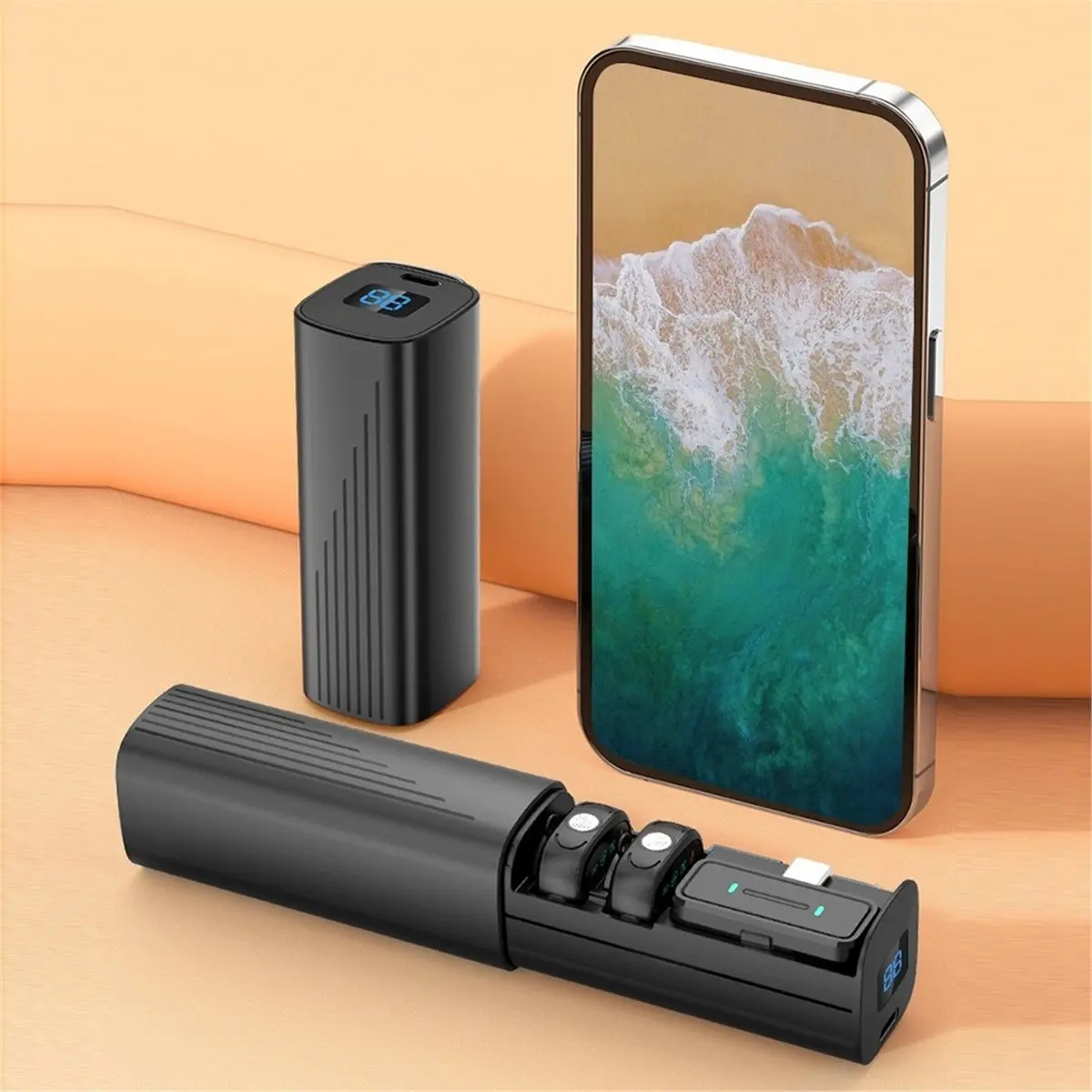 (A99Z] Mini Professional Wireless Microphone with Drawer Charging Case for Android Dual Lavalier Microphone Black