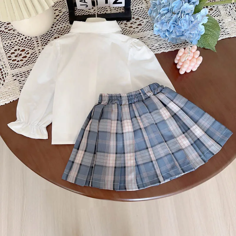 Girls' College Style Dress Set Spring and Autumn New Solid Color Shirt + Pleated Skirt Two-piece with Tie  Kids Clothes Girls