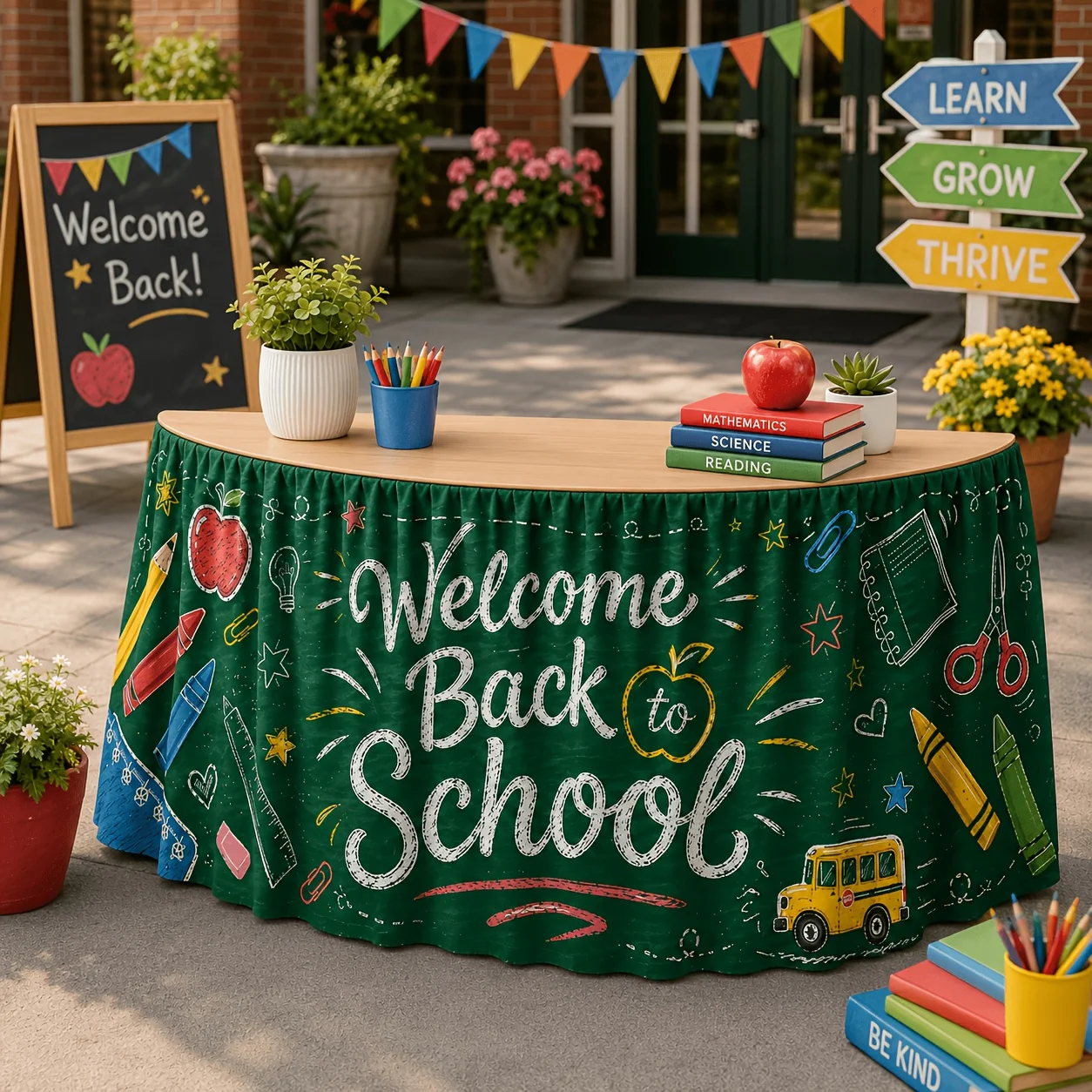 1 tablecloth table skirt, welcome back to school blackboard table skirt, school bus apple crayon pencil ruler printed tablecloth