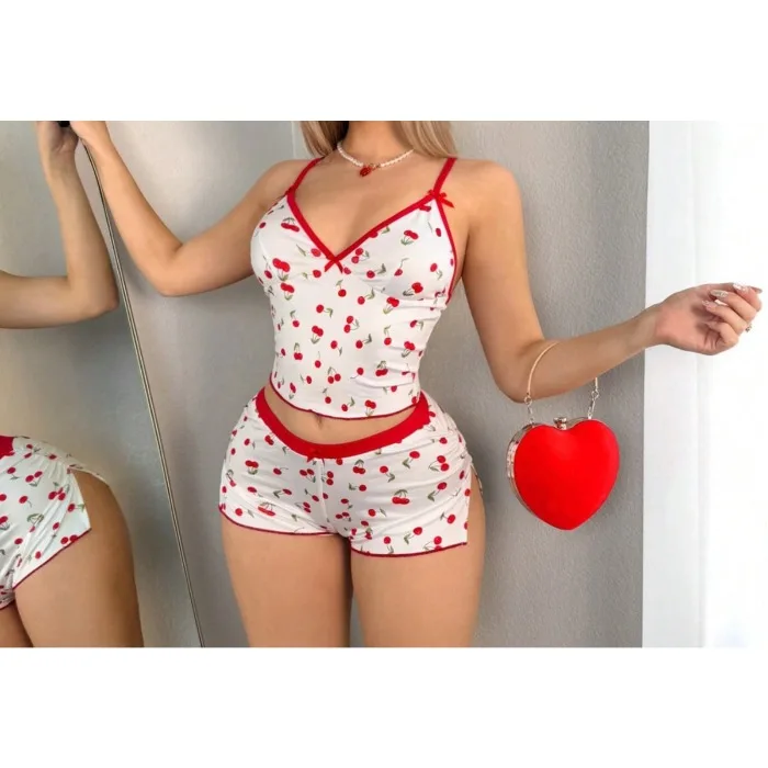 جرلي الكرز طباعة قطعة واحدة منامة للنساء مع الخصر رقيقة الخامس الرقبة الصدر أعلى نيسيي السروال القصير 2 قطعة مجموعة تي شيرتات قصيرة للأطفال صيف 2025