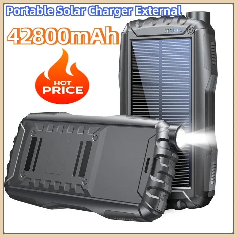 

42800mA SolarhPower Bank Portable Solar Charger External Battery Pack For IPhone 14 X Samsung Huawei Xiaomi Poverbank LED Light