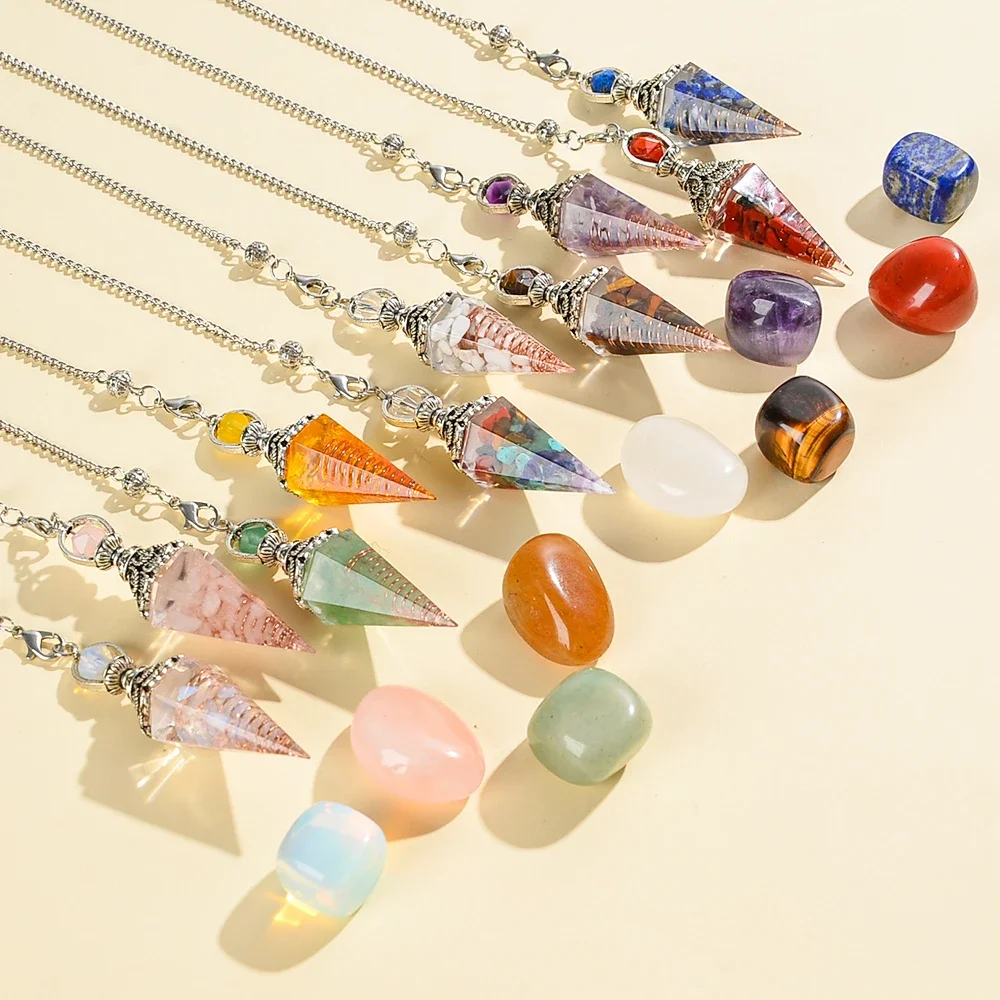 2PCS Healing Crystal Dowsing Pendulum and Stone Resin Spiritual Pendant for Divination, Wicca, Energy Balancing