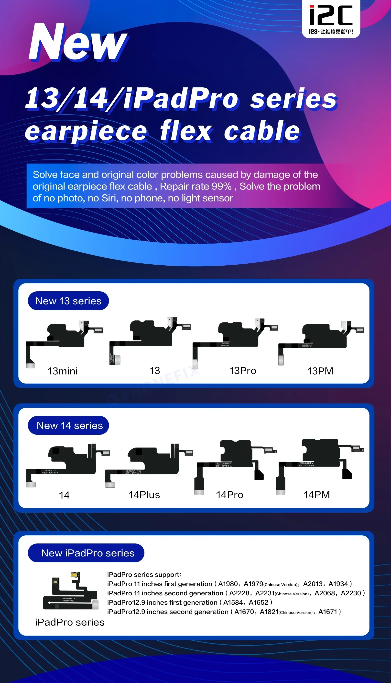 I2C Earpiece Mic Speaker Flex Cable Detection Board for IPhone 8 -14 Pro Max Face ID and Original Color Programmer Repair Tool