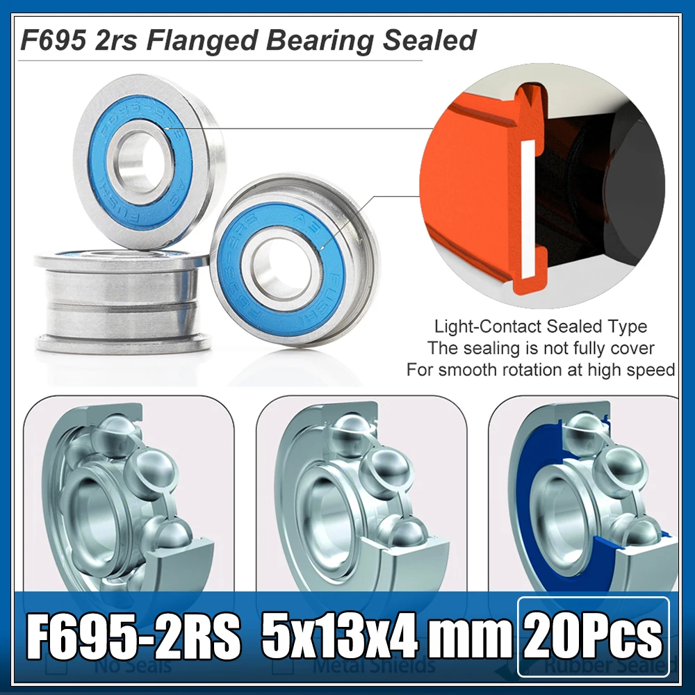 F695 2rs łożysko kołnierzowe 5x13x4mm, niebieska uszczelniona precyzja A9 drukarka 3D F695rs łożyska do VORON z opaską RC, opakowanie 20 szt.