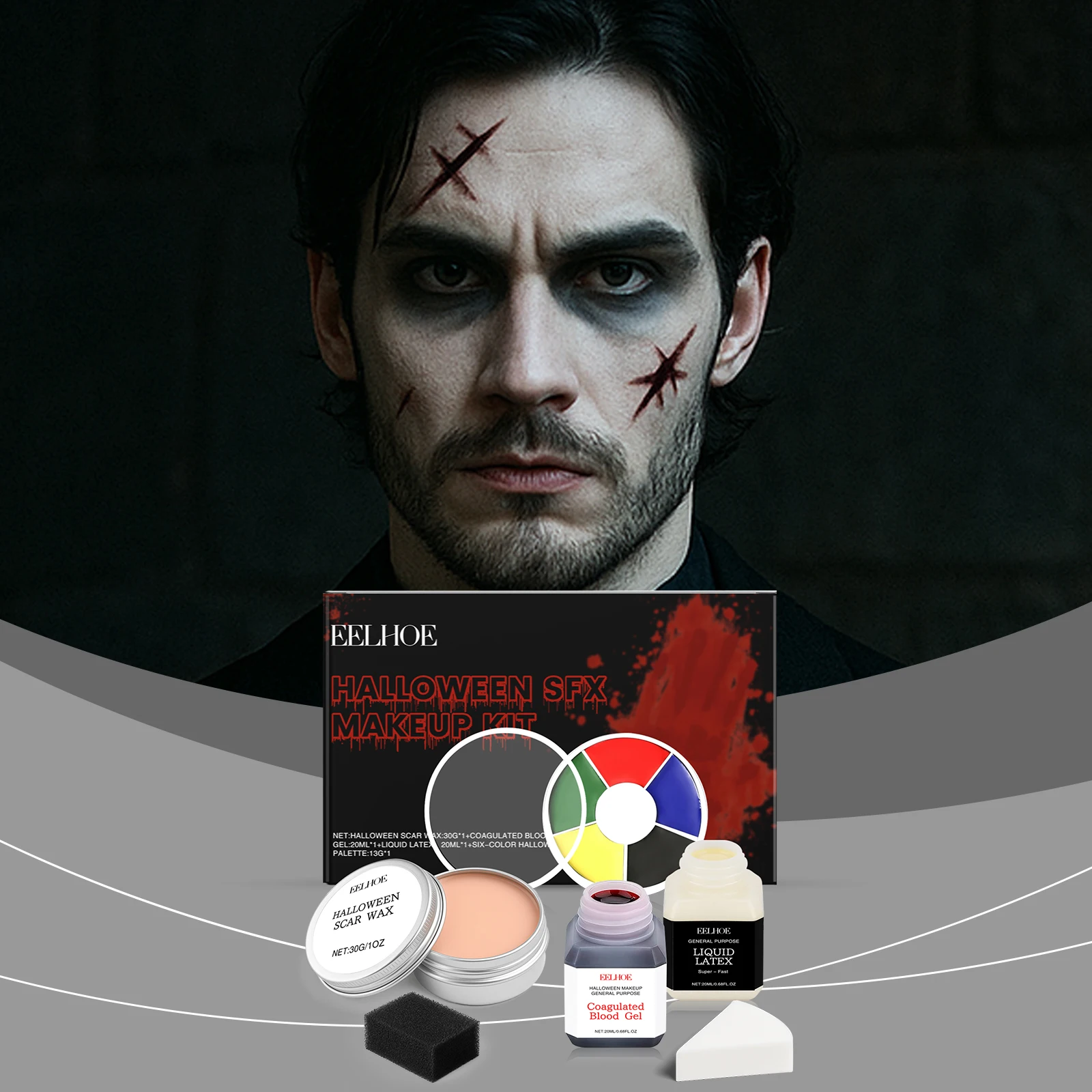 Halloween SFX Makeup Kit Scar Wax Blood Gel Liquid Latex 6 Color Paint Palette Sponge Spatula Zombie Vampire Wound Cosplay Stage