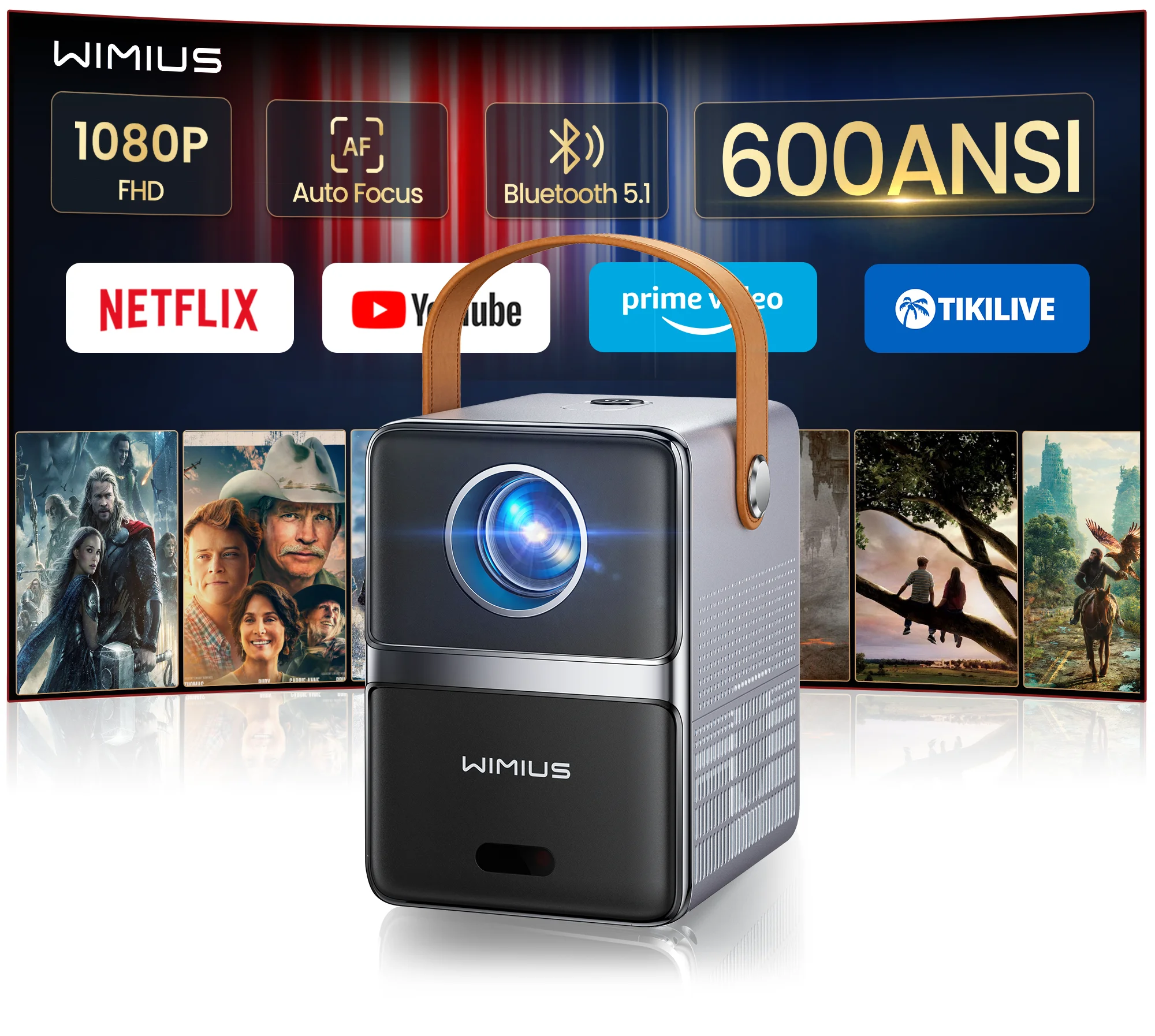 Wimius 1080P Proiettore 4K Home Theater 600ANSI Dolby Audio con altoparlanti WiFi6 10W Proiettore di film Proiettori esterni portatili
