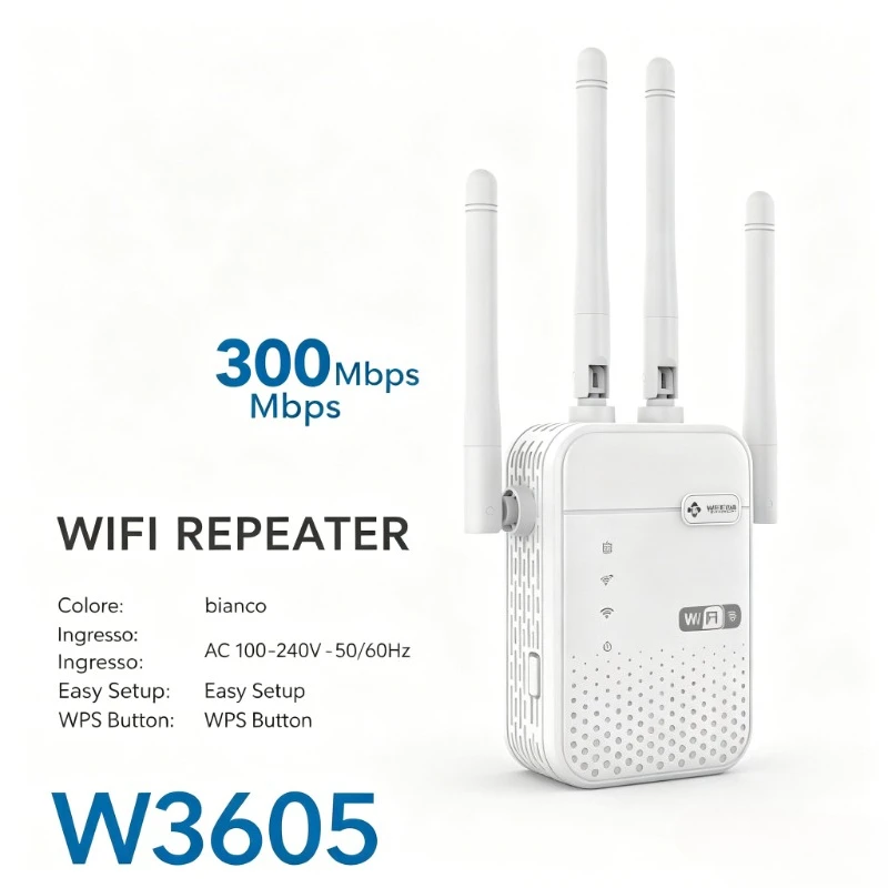 Répéteur WiFi 300 Mbps, 4 antennes, extension de signal sans fil avec 2 ports LAN, configuration WPS