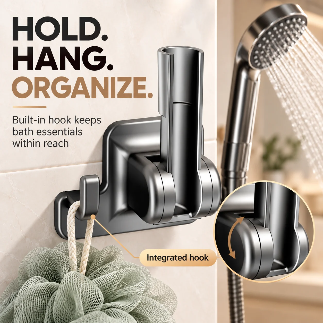 90 Degree Adjustable Shower Head Holder with Hook, No Drill Adhesive Wall Mount Bracket for Handheld Shower, Bathroom Accessory