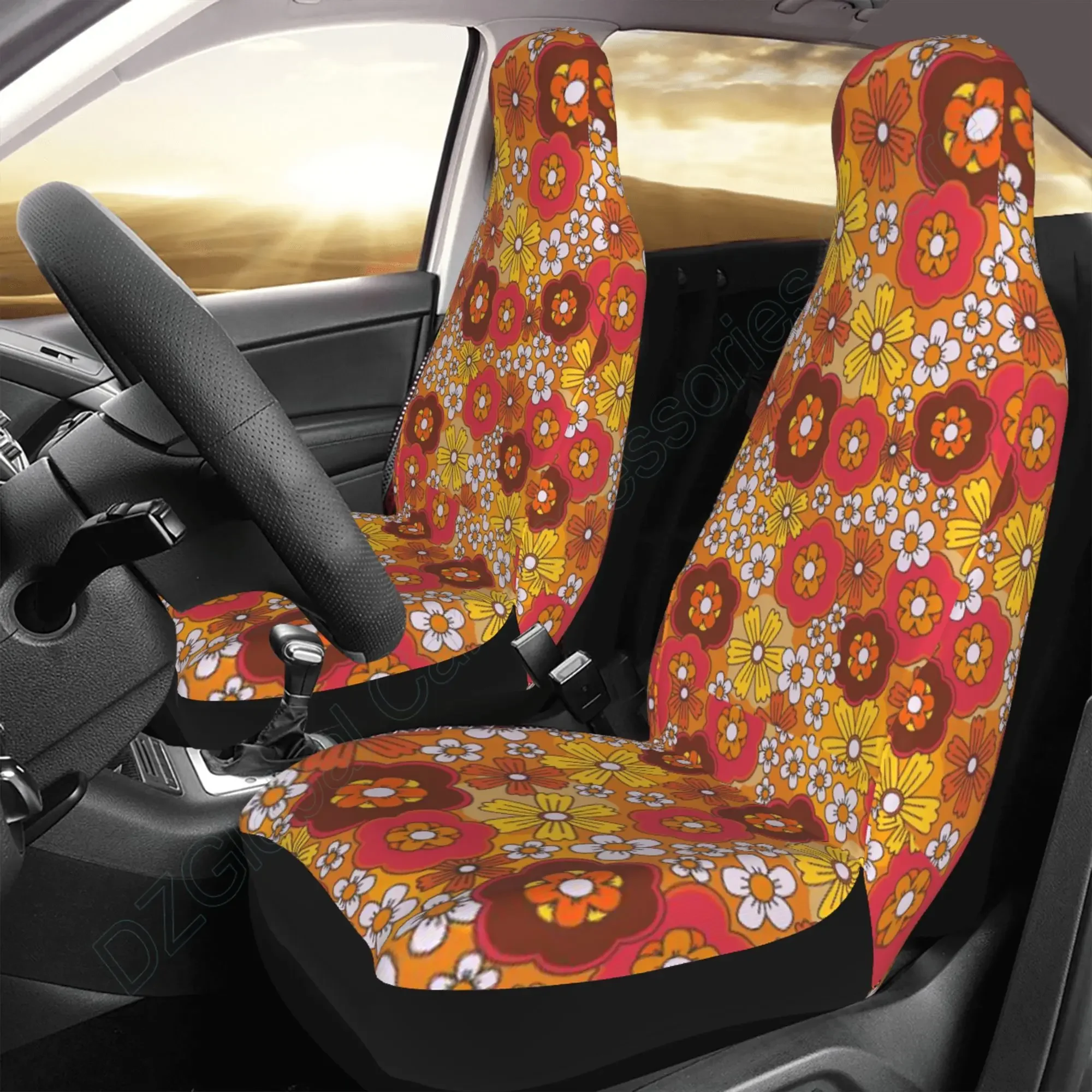 2 Pack Hippie Flower Car Seat Cover Set 2Pack Set Abstract Groovy Floral Seat Cushion for Vehicle Truck Anti Dirty