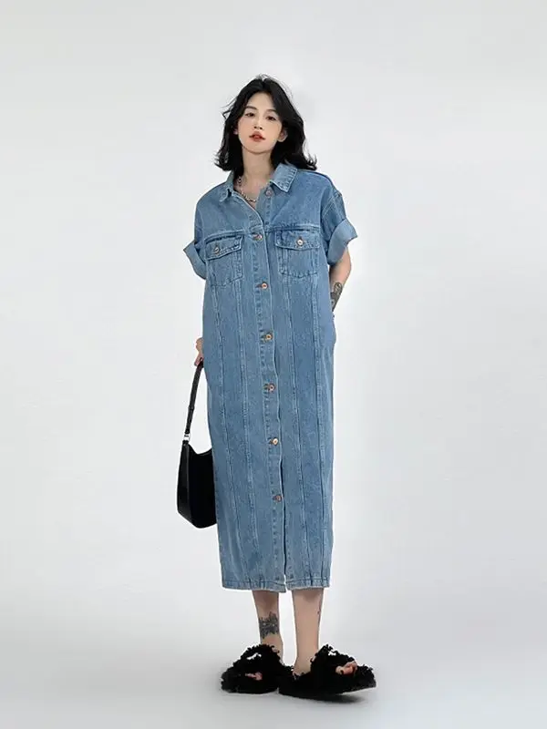 2024 Modieuze zomer nieuwe dames oversize denim shirtjurk losse vintage casual commuter flip kraag rechte buisrok