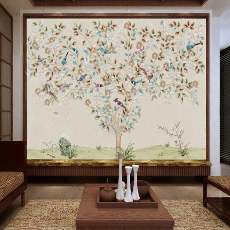 Traditional Chinese Ink Painting Of Flowers And Birds Hand-Drawn In Color Tree-Shaped TV Stand Sofa Cabinet Bedroom Background