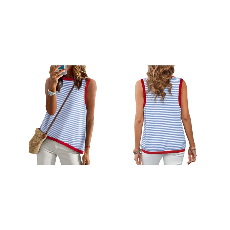 

ASDS-Womens Summer 2025 Casual Striped Color Block High Neck Tank Top Loose Knit High Low Sleeveless Shirts