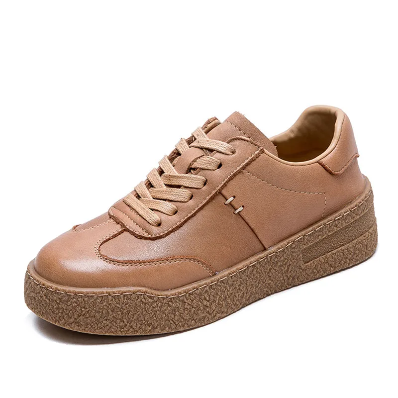 DRKANOL Fashion Solid Color Genuine Leather Flat Shoes Women Round Toe Lace-Up Casual Sneakers Spring Autumn Women Board Shoes