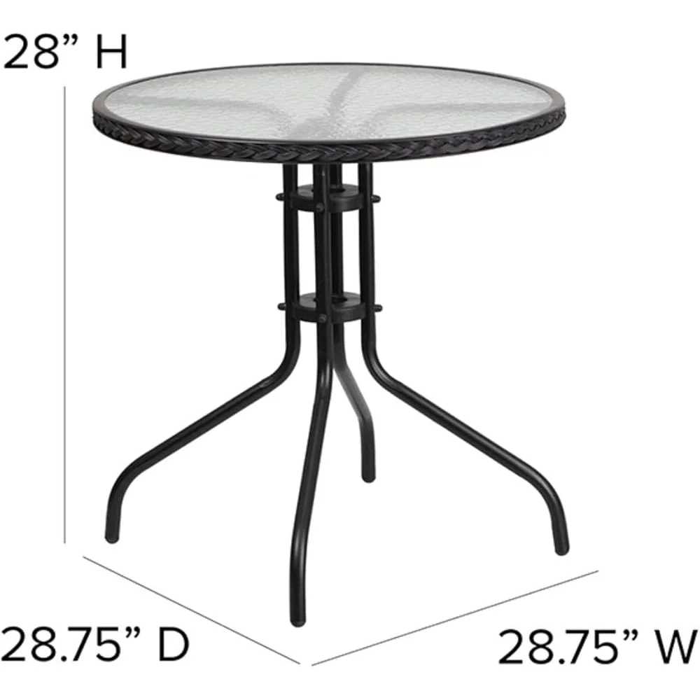 Round Glass Metal Table Set with Black Rattan Edging and 2 Stacking Chairs Outdoor Dining