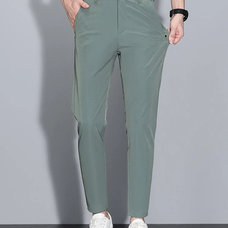 Mens 2026 New Summer Ice Silk Business Thin Slim Fit Straight Cropped Casual Trousers All-Match