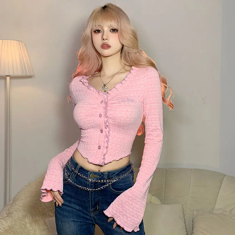 Knitted Sweater With High Quality Buttons Ear-Rimmed Bell Sleeves Short American Slim Fit Sweet And Spicy Top For Women Trendy