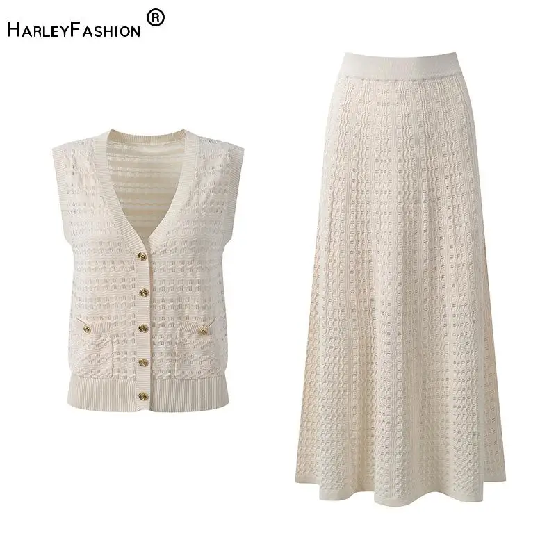 

2026 Summer Lady Fashion Hollow Out Suit V-neck Sleeveless Single-breasted Cardigan A-line Long Skirt Knits 2pcs