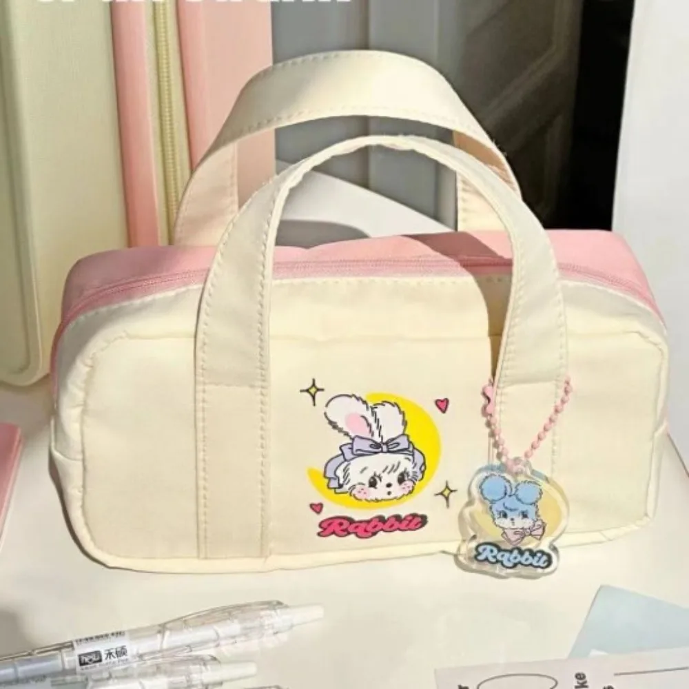 

Тканевая кремовая сумка-ручка с кроликом, мягкая коробка для канцелярских принадлежностей большой емкости, устойчивая к грязи, моющаяся многофункциональная сумка для хранения канцелярских принадлежностей