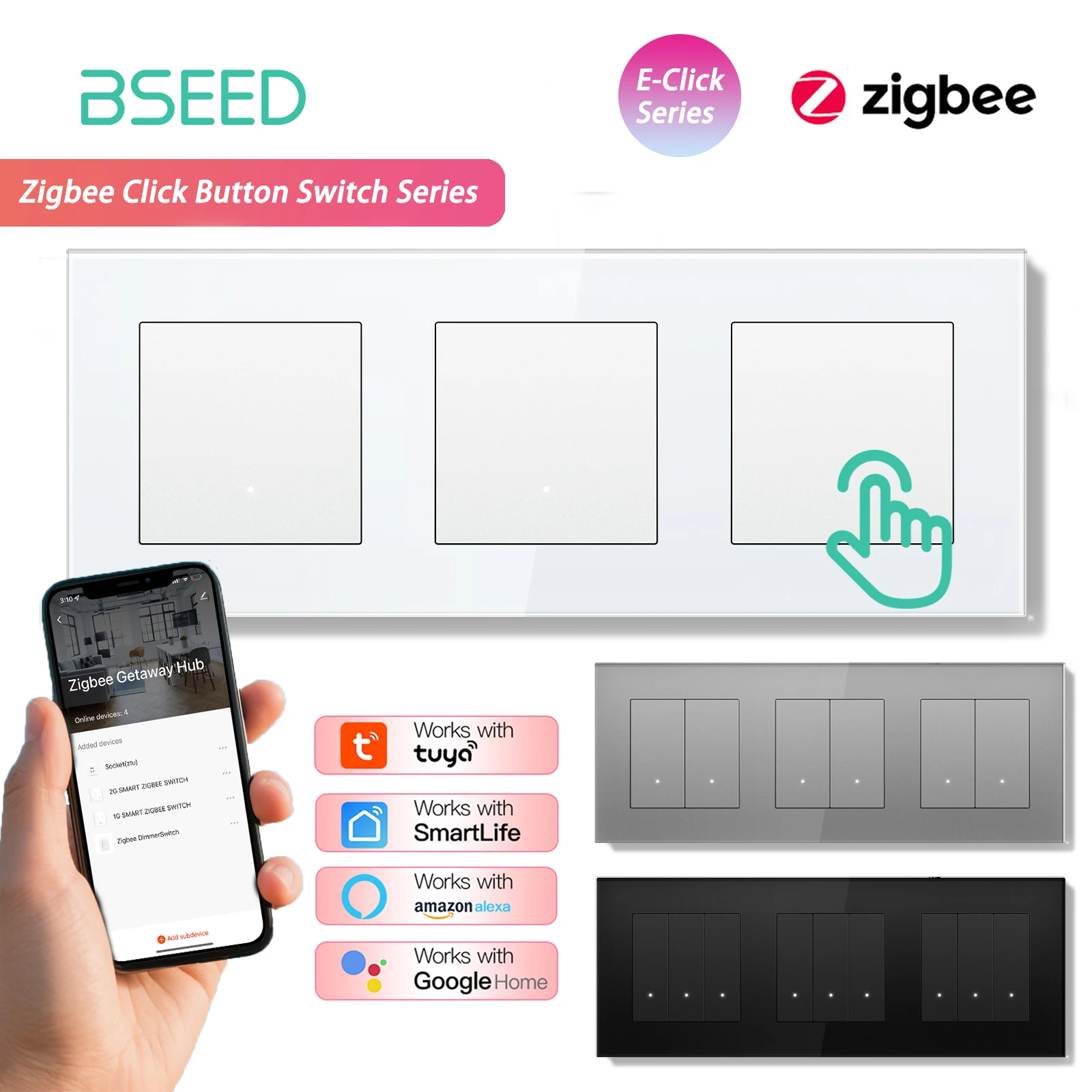 

BSEED 1/2/3/4Gang Triple Zigbee Smart Click Кнопка переключателя Стеклянная панель Tuya Smart Life Управление Google Alexa с нейтральным проводом
