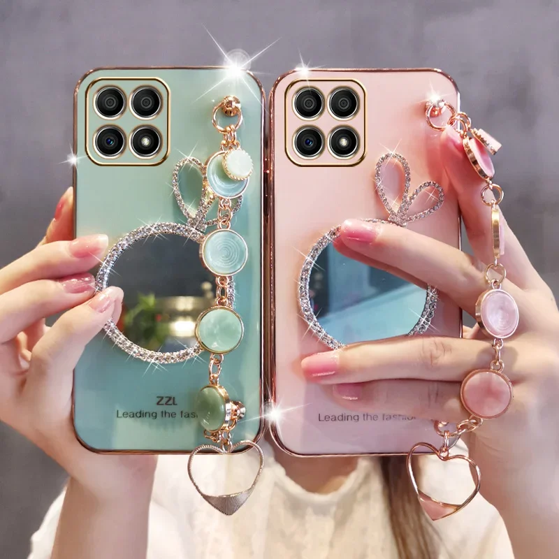 Glitter Rabbit Ear Mirror Case For Moto G82 G52 G60 G50 G30 G20 G22 E20 G8 G9 Power Round Shellfish Bracelet Silicone Cover