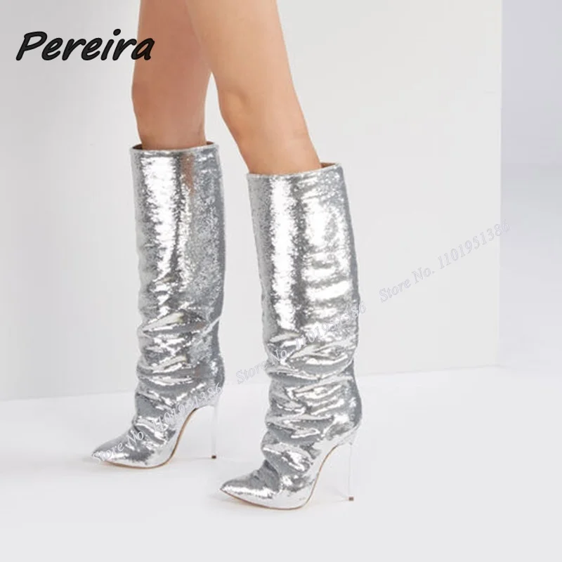 

Pereira Silver Bling Bling Knee High Boots Slip on Stiletto High Heel Pointed Toe Shoes for Women High Heels Zapatillas Mujer