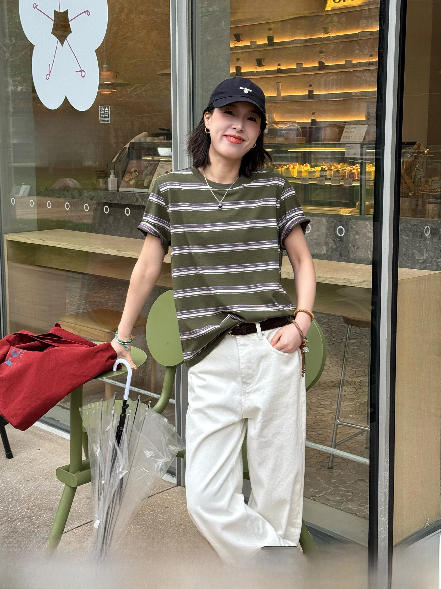 

Loose Short Sleeve Women's T-shirt Green Stripe Casual Style Standard Fit Summer New Langqing Green Wild Fairy Tale Top