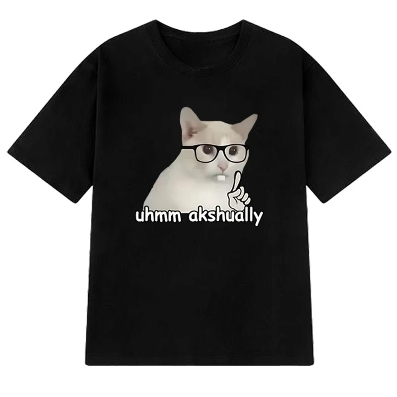 Summer T-shirt Um Actually Funny Nerd Cat Meme Graphic Short Sleeve T-shirt Women's Loose Top Clothing Graphic T Shirts Vintage