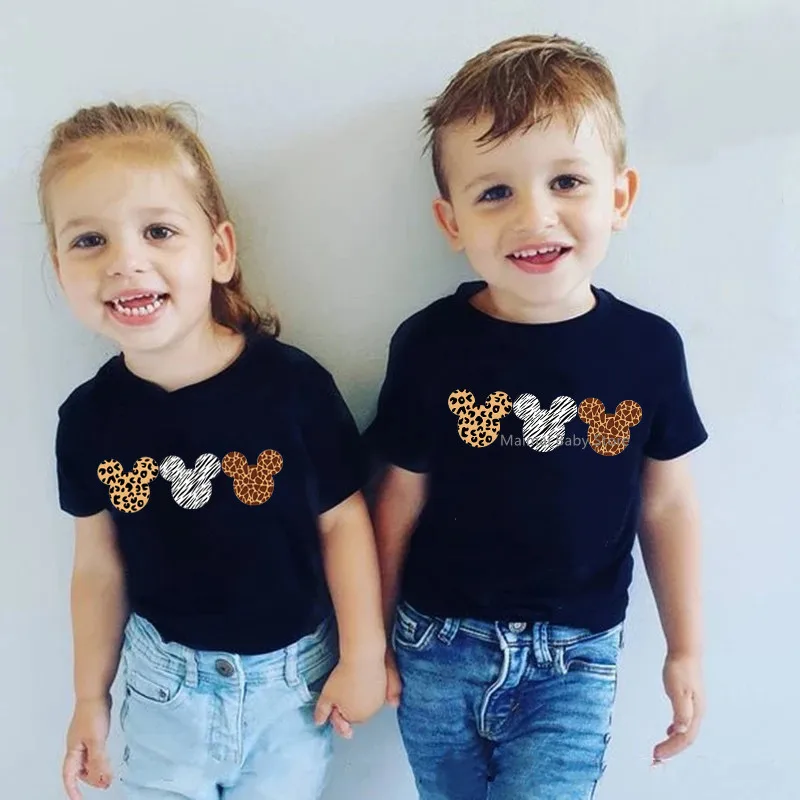 Disney Leopard Mickey Ears Shirts Funny Animal Kingdom Family Matching Outfits Cotton Look Mother and Kids Disney Trip Clothes