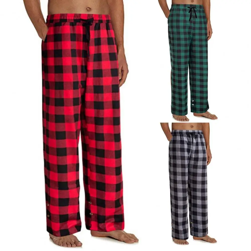 Loose Wear-resistant Waist Drawstring Pants Men Trousers Pajama Elastic Plaid Pajama for Home