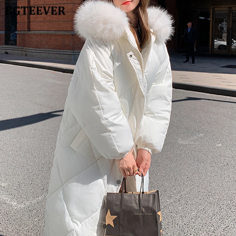 

BGTEEVER Stylish Long Sleeve Thicken Warm Ladies Hooded Down Jackets Casual Loose Pockets Female Solid Parkas Winter Overcoats