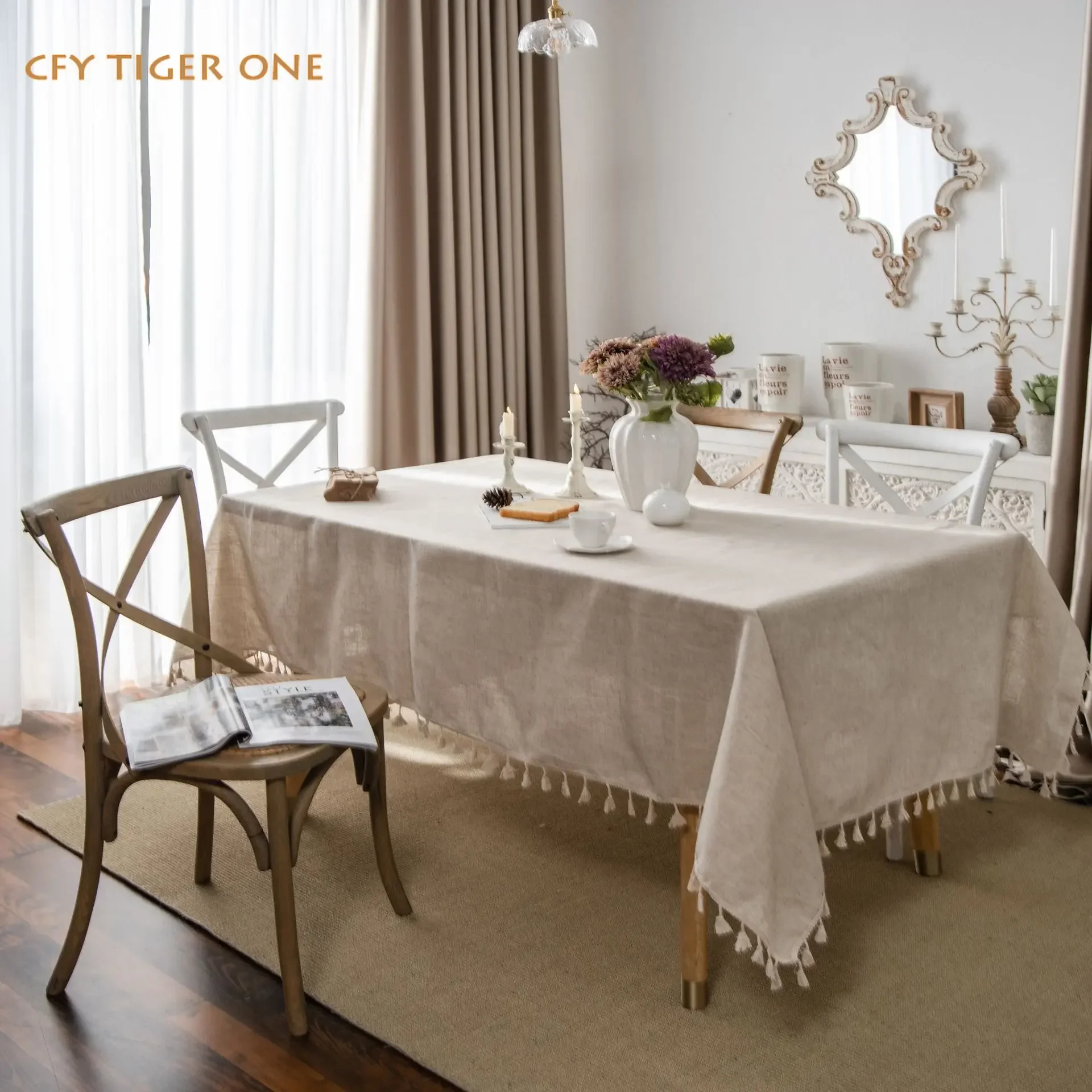 

American Cotton Linen Tablecloth for Table Pastoral Decorative Rectangular Tablecloth with Tassel Dining Table Cover Tea Cloth
