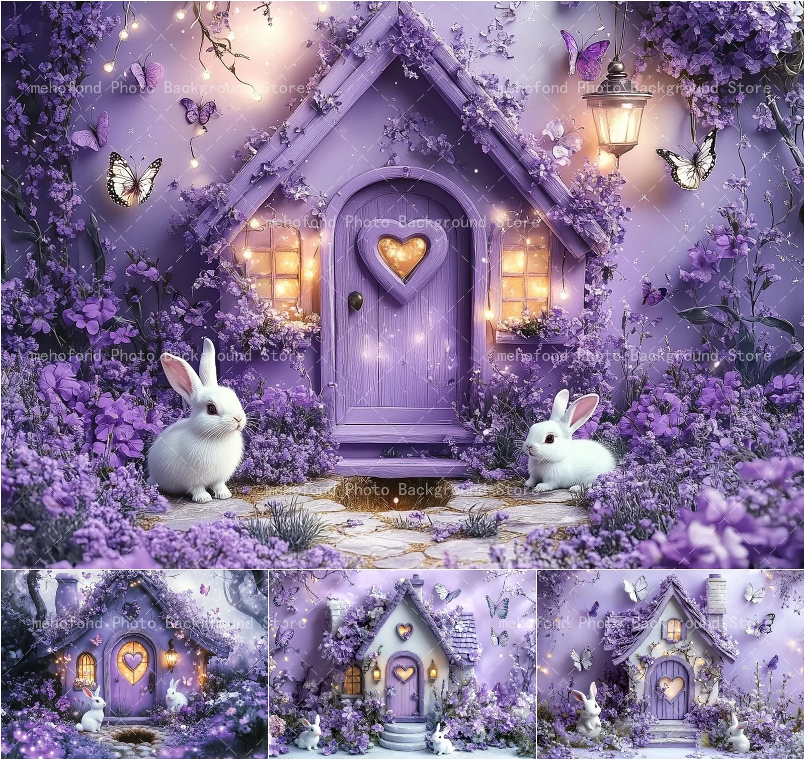 

Mehofond Dreamy Fairy Tale Cute Rabbit Photography Background Purple House Butterfly Flower Kids Family Portrait Backdrop Decor