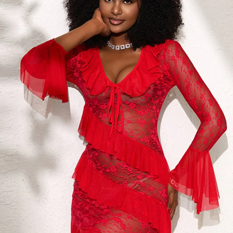 Sexy See-through Lace Bodycon Dress With Deep V-neck Ruffled Bell Sleeves And Slim Fit Solid Color Dress For Woman Casual P2J5