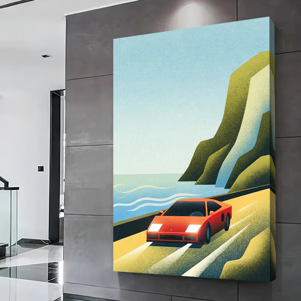Red Sports Car By the Sea Poster Customizable Printed Canvas Painting for Pictures Wall Art Bedroom Decoration Home Decorations