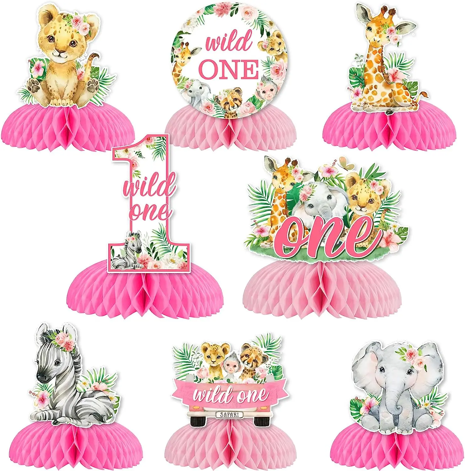 Wild One Honeycomb Centerpieces for Table, Pink, Jungle, 1st Birthday Decorations, Safari Animal Centerpieces for Girls, 1 Year