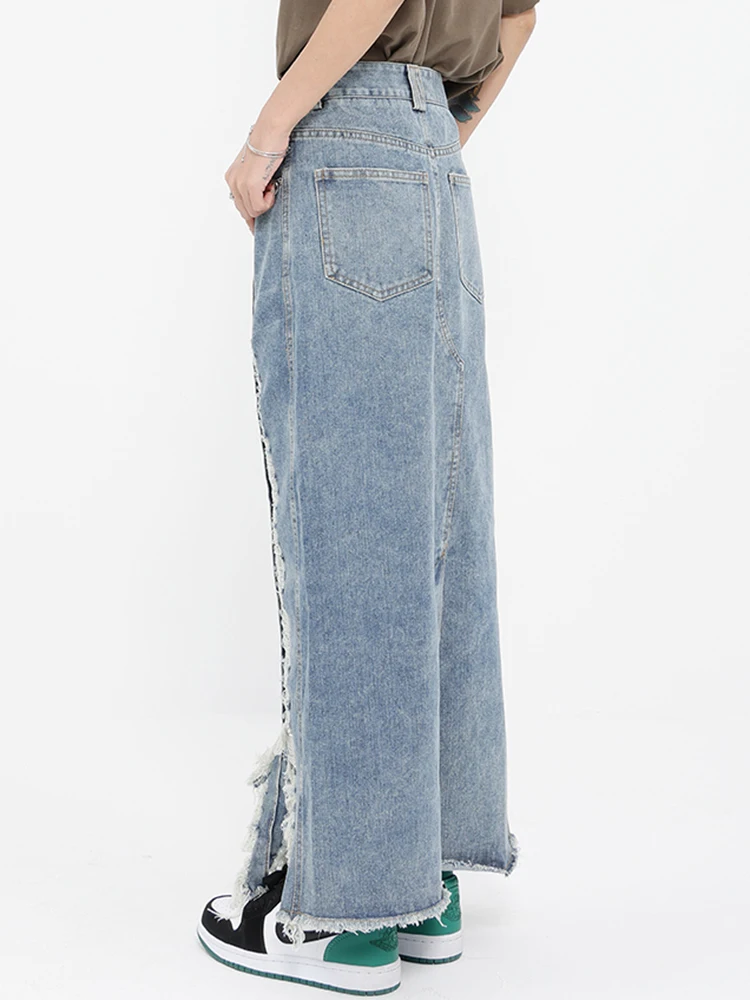 [EAM] High Waist Blue Denim Holes Irregular Burr Long Casual Half-body Skirt Women Fashion Tide New Spring Autumn 2024 1DF6983