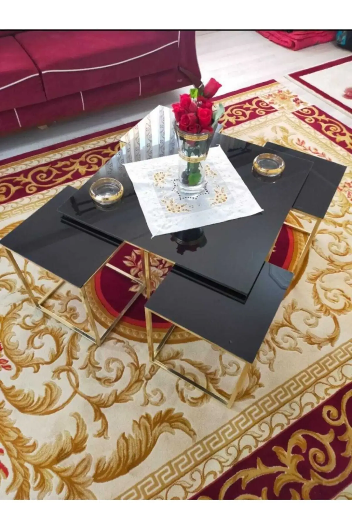 DOLBOVI 4 1 Black Glass, Gold Toe Square Pizza Coffee Table Set Coffee Table