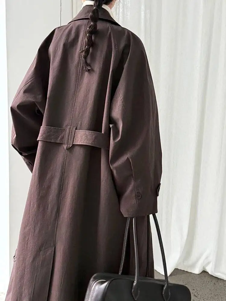 Coffee Brief Belted Women Big Size Long Trench New Lapel Long Sleeve Windbreaker Fashion Spring Autumn 2026 1DJ969J