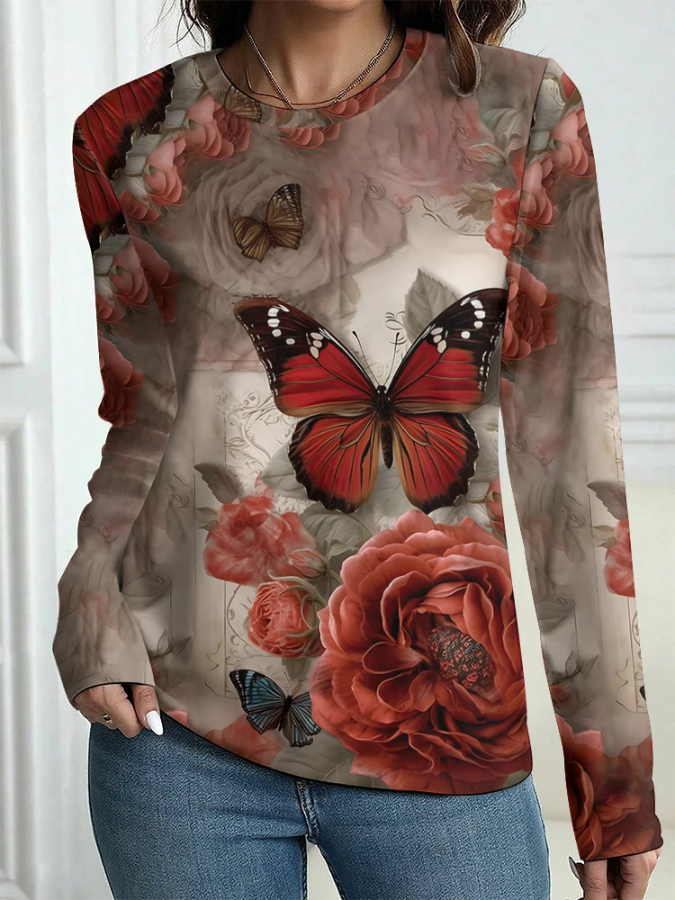 

New Autumn Women's Long-Sleeved T-Shirt Casual T-Shirt Top T-Shirt Vintage Floral Pattern OverSize Women's Clothing