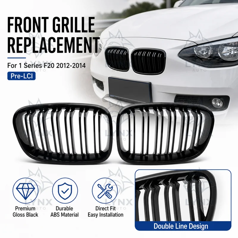 For BMW 1 Series F20 2012-2014 Pre-LCI Double Line Gloss Black Front Grille Replacement Tuning Style ABS Material