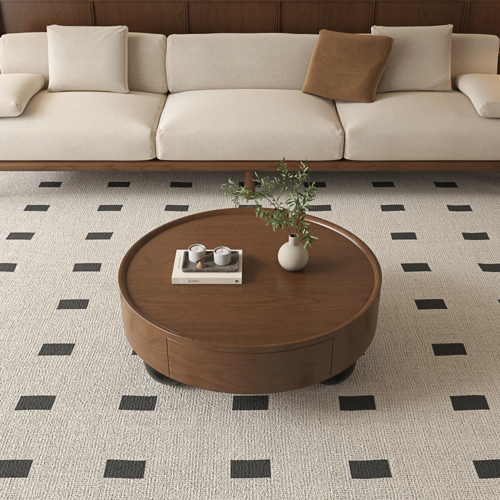 Round Walnut Coffee Table with Storage Drawer and Black Ball Feet, Mid-Century Modern Wooden Cocktail Table for Living Room FYCT